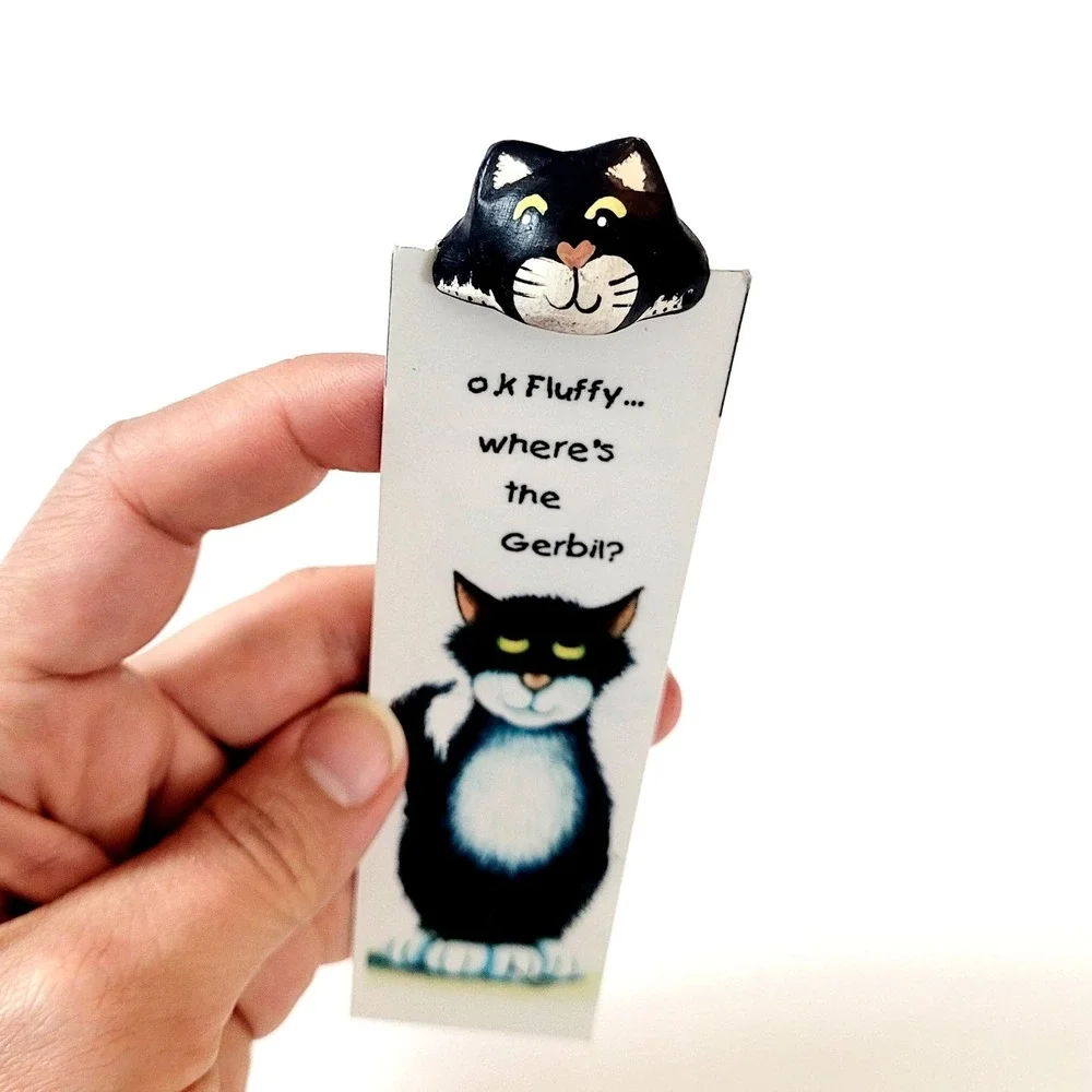 Vintage 90s Merryfield Pottery bookmark- black tuxedo cat- Mark Denman- Devon UK